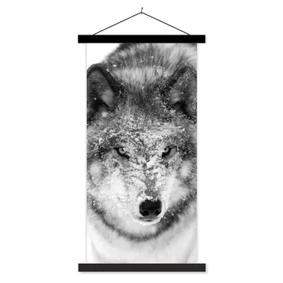 Produktbild von MuchoWow® Textilposter Wolf mit verschneitem Kopf in schwarz-weiß 60x120 cm mit schwarzem Rahmen - Magnete