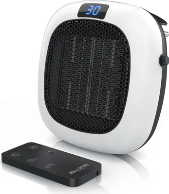 A white electric heater with a black grille and a digital display showing '30', placed on a white surface next to a black remote control.