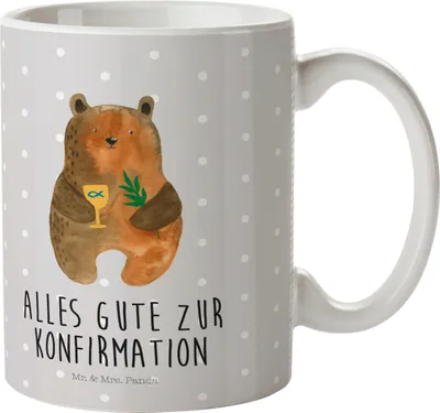 Produktbild von Mr. & Mrs. Panda Mehrwegbecher Bär Konfirmation - Grau Pastell - Geschenk, Evangelisch, Kindertasse, Gottesdienst, Plastikbecher, Kindertrinkbecher, Teddy, Camping Tasse