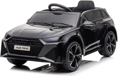 A black Audi RS6 toy car is shown from a front-side angle against a white background.