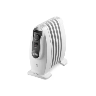 A white oil-filled electric radiator with gray fins, shown from a three-quarter angle on a white background.