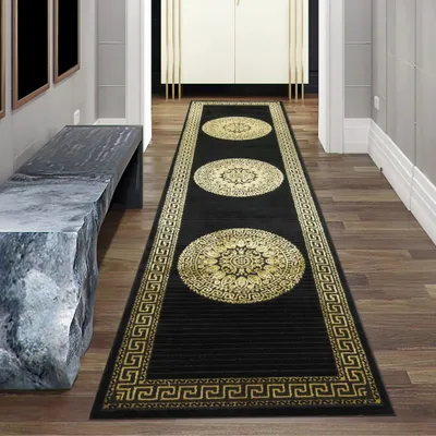 Zdjęcie produktu dla Dywan nowoczesny designerski wzór meandra w kolorze czarnego złota rozmiar - 80 x 300 cm