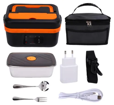 Zdjęcie produktu dla Elektryczny pojemnik na lunch 1L ze stali nierdzewnej USB Ciche, szybkie podgrzewanie Pojemnik na żywność Przenośny podgrzewacz do lunchu z widelcem Łyżka do samochodu Ciężarówka Biuro Czarny Pomarańczowy