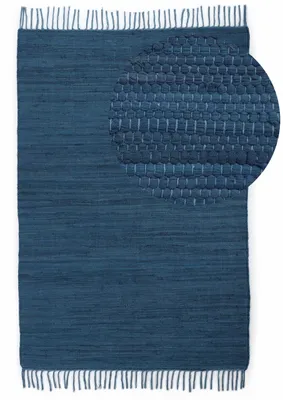 Produktbild von Flickenteppich Kelim Chindi Uni Blau 60x90 cm, handgewebt | Fleckerlteppich aus Baumwolle für Wohnzimmermit Fransen