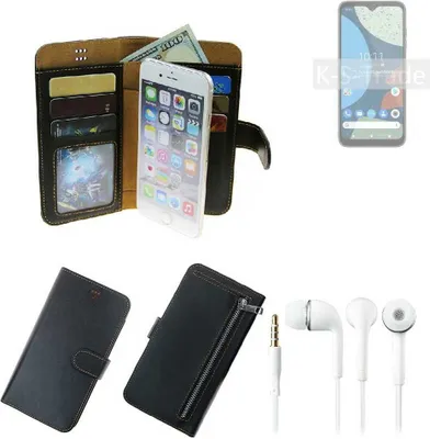 Produktbild von TOP SET Handy Hülle Schutz Hülle kompatibel mit Fairphone 4 schwarz aus Kunstleder + Kopfhörer Smartphone Tasche vollwertige Geldbörse