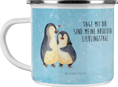 Produktbild von Mr. & Mrs. Panda Emaille Tasse Pinguin umarmen - Eisblau - Geschenk, Liebe, Hochzeit, Hochzeitstag, Teetasse, wandertasse, Haferl, Pott