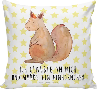 Produktbild von Mr. & Mrs. Panda Couchkissen Einhorn Glauben - Weiß - Geschenk, Sofakissen, Einhörnchen, Polster, Kissen 40x40, kuschelkissen, Dekokissen Sofa, Eichhorn, Lounge, Unicorn