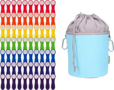 Produktbild von trendfinding 70 Wäscheklammern Regenbogen Edelstahl und 1 Canvas Wäscheklammerbeutel Hellblau