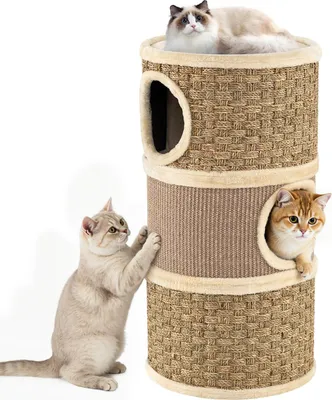 Produktbild von GOPLUS Kratztonne 3 Ebenen, 70 cm Katzentonne mit 3 Höhlen, Plüschbett & Seetangseil, Kratzbaum für kleine & mittelgroße Katzen, Ø 36 cm (Khaki)