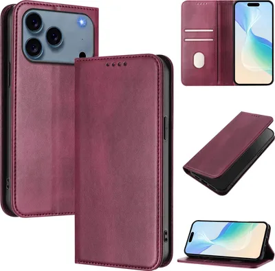 Produktbild von Handyhülle für iPhone 17 Pro Max, Vintage Leder RFID Schutz Kartenfach Standfunktion Magnetische Klapphülle Rot