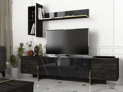 Zdjęcie produktu dla Skye Decor, Veyron - Black, Gold, szafka pod TV, czarna, blat z melaminy, 180 x 32,3 x 45 cm