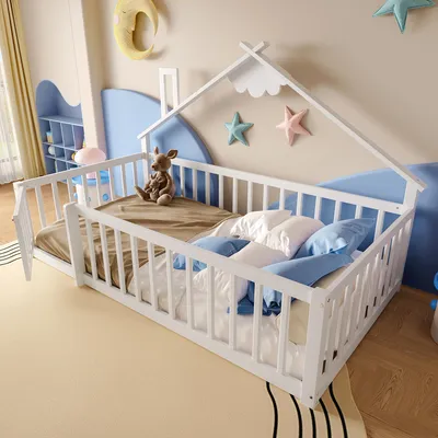 A child's bedroom with a white wooden house-shaped bed, decorated with stars and clouds on the wall.