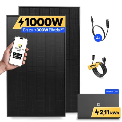 Produktbild von 1000W Balkonkraftwerk mit Speicher Solakon ONE (2,11 kWh) Solaranlage Steckerfertig WIFI Komplettset Photovoltaik Anlage 800W, Kabellänge: 10m