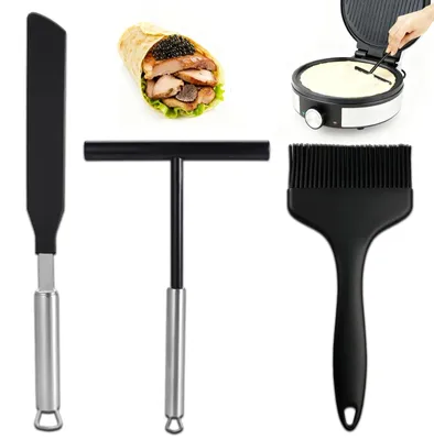 Produktbild von 3-teiliges Crêpe-Set, Crêpe-Werkzeug, aus Edelstahl 304 und Silikon, Crêpe-Spatel und Teigverteiler, Pfannkuchenzubehör für den Hausgebrauch, Back- und Kochutensilien