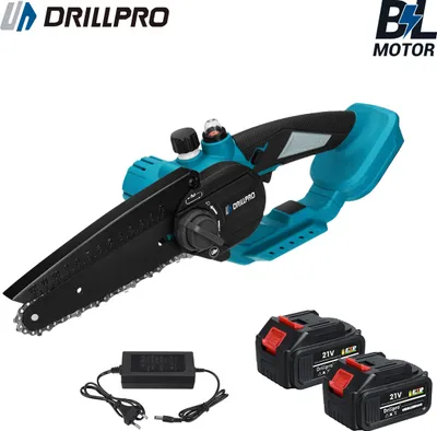 A cordless chainsaw with two batteries and a charger, presented on a white background.
