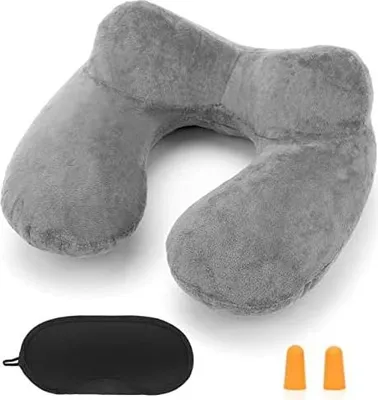 Produktbild von Nackenkissen Reisekissen Aufblasbare kompakte Nackenhörnchen egornomische Kopfstütze mit samtweichem waschbarem Bezug für Camping, Reisen, Flugzeug, Zug, Auto, Büro