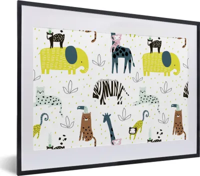 Produktbild von MuchoWow® MuchoWow® Gerahmtes Poster Tiere - Dschungel - Pastell - Kinder 40x30 cm - Poster mit zchwarzem Bilderrahmen - Bilderrahmen - Poster im Rahmen