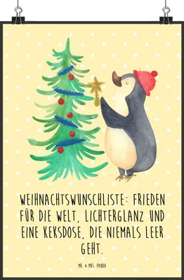 Produktbild von Mr. & Mrs. Panda Bild Pinguin Weihnachtsbaum DIN A2 - Gelb Pastell - Geschenk, wanddeko, Winter, Designposter, Plakat, Weihnachten, drucke, Kunstdruck