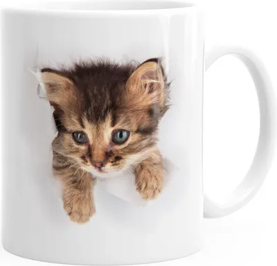 Produktbild von Kaffee-Tasse mit süßem Katzen-Aufdruck Katzen Baby schaut aus der Tasse MoonWorks® weiß unisize