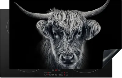 Produktbild von KitchenYeah© Herdabdeckplatte Schottischer Highlander - Schwarz - Kuh - Tiere , 85x52cm, Küche Deko, Glaskeramikkochfeld Herdabdeckung, Abdeckplatte fùr Kochfeld
