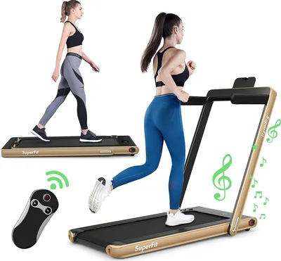 Two women are shown using treadmills, one walking and one running. A remote control is also visible.