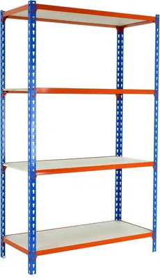 Produktbild von Simonrack Schwerlastregal als Lager-, Metall- und Kellerregal, 150x120x40 cm, Biegestelle 200 kg, 4 Holzfachböden, Blau/Orange/Holz – Maderclick
