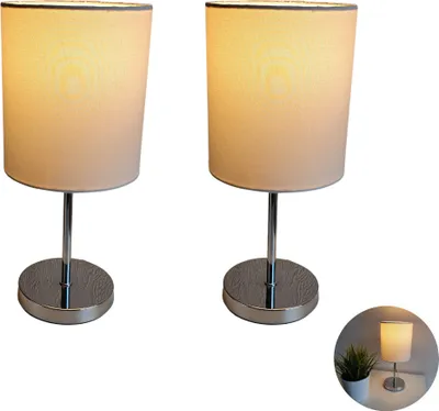 Produktbild von LED Nachttischlampe mit weißem Stoffschirm – moderne Tischlampe für Schlafzimmer & Wohnzimmer, Tischleuchte / Beistelltischlampe inkl. 3W LED