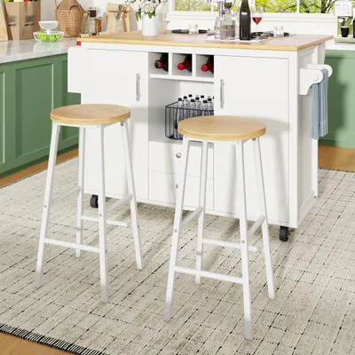 Productafbeelding van Servenwagen van Flieks met 2 barkrukken, keukentrolley met opklapbaar werkblad, kruidenrek en wijnrek, geschikt voor eetkamer, balkon en woonkamer, wit