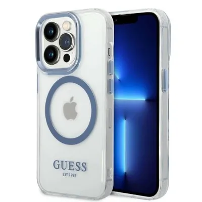 Imagen del producto de Funda rígida de metal para iPhone 14 Pro Max de 6.7 pulgadas, color azul/morado, con marco metálico y compatibilidad con MagSafe. (Marca: Guess, modelo: Guhmp14Xhtrmb)