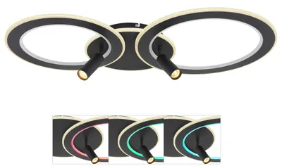 Produktbild von Globo Lighting Deckenleuchte Metall schwarz matt, Acryl opal, dimmbar, Farbwechsler, Farben fixierbar, RGB Farbwechsler, RGB Farben fixierbar, Memoryfunktion, Nachtlicht, Fernbedienung, Strahler drehbar, RGB innen in 2 Ringe, LxBxH: 895x507x135mm, inkl. LED 60W 230V, 830-3500lm Source, 555-2579lm Output, CCT 2700-6500K, inkl. RGB LED 13W 230V
