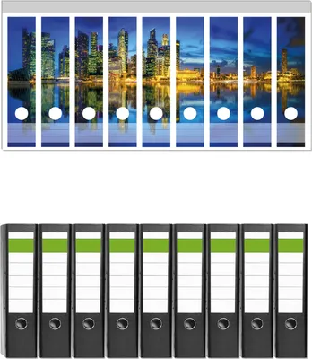 Produktbild von Wallario 9 Stück breite Ordner inkl. Klebeetiketten mit Motive Skyline von Singapur in der Abenddämmerung -  Set mit Rückenschildern / Ordnerrücken Stickern