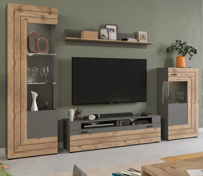 Produktbild von Wohnwand Freno in Eiche und Basalt grau Schrankwand 4-teilig 290 cm inklusive Beleuchtung