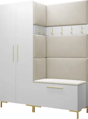 Produktbild von MIRJAN24 Garderoben-Set Zilion I, Garderobe mit 4 Stück Gepolstertes Wandpaneel Pag 84x42 und 3 Stück 42x42 (Weiß + Gold, Manila 02)