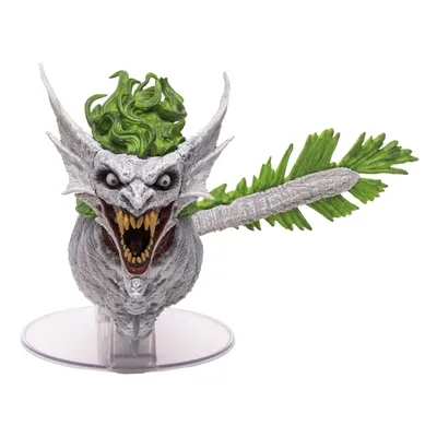 A statue of a monstrous creature with green hair, sharp teeth, and a long, segmented tail, displayed on a clear stand against a white background.