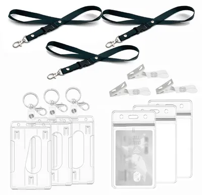 Produktbild von Auswelter mit Lanyard, Schlüsselring, Clips, transparenter Hartauswelter, transparenter Kartenhalter, Auswelterkarten für Auswelter, Ausweishüllen (3-teiliges vertikales Set)