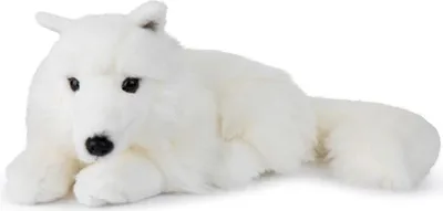 A white plush arctic fox lying down on a white background.