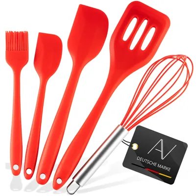 Produktbild von Küchenutensilien-Set, 5-teilig, hitzebeständiges Kochgeschirr, Antihaftbeschichtung: Schneebesen, Spatel, Backpinsel, Wender (rot)