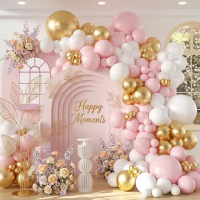 Productafbeelding van Ballonnen, roze, wit, goud, 113 stuks. Verjaardagsdecoratie, metallic ballonnen gevuld met helium, geschikt voor feest, bruiloft, babyfeest