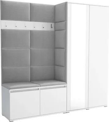 Produktbild von Garderoben-Set Noris IV mit Spiegel, gepolsterte Garderobe mit Sitzbank, Wandpaneelen und Stauraum (Farbe: Weiß + Trinity 32)