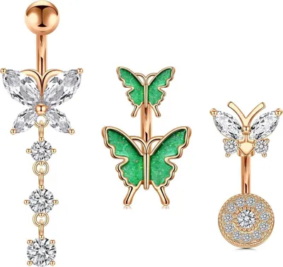 Productafbeelding van Buikpiercing set met hart- en vlindermotieven, 3 stuks, gemaakt van chirurgisch staal