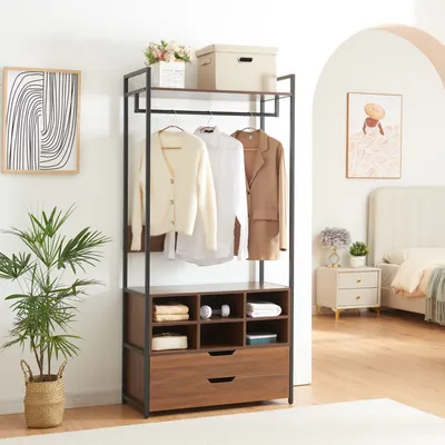 Produktbild von Garderobenständer 'Larem' mit 6 Fächern 180 x 84 x 40 cm Schwarz / Walnussoptik