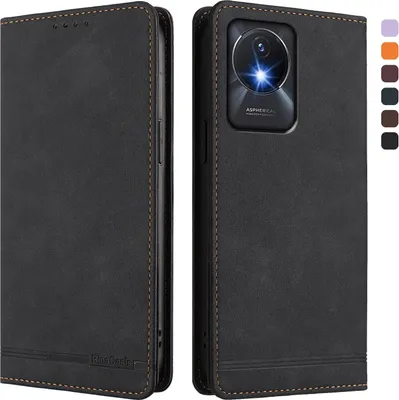 Image de Etui pour Vivo Y02A, étui rétro en cuirPolyuréthaneavec support et fentes pour cartes de crédit Noir