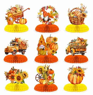 9er-Set Herbst-Wabentischdeko mit Wichtel & Kürbismotiven
