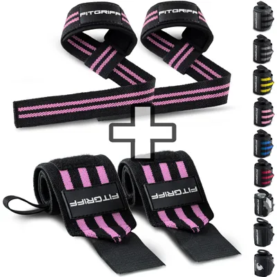 Produktbild von Fitgriff® Handgelenk Bandagen + Zughilfen (2er Set) - für Krafttraining, Fitness, Bodybuilding, Gewichtheben, Gym, Kraftsport - für Frauen und Männer (Black/Pink)