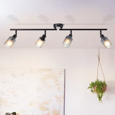 A black track light fixture with four adjustable spotlights is mounted on a white ceiling above a textured abstract painting and a hanging potted plant.