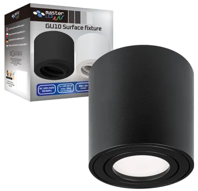 A black cylinder-shaped light fixture is shown next to its packaging.