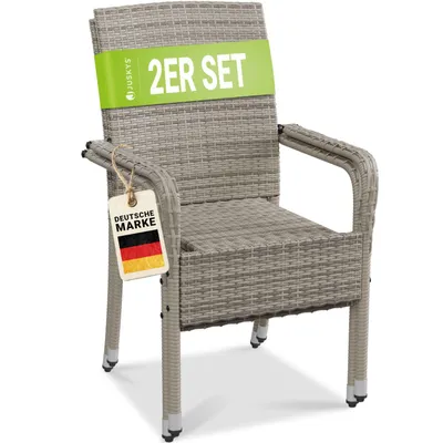 Produktbild von Juskys Polyrattan Gartenstühle Yoro 2er Set - mit Armlehnen & Rückenlehne - 2 Stühle stapelbar - Rattan Stuhl Garten - Stapelstuhl Grau-meliert