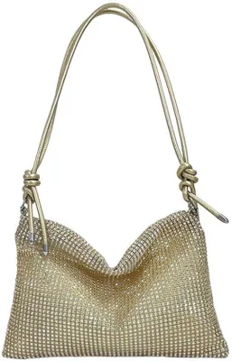 Immagine prodotto di Pochette scintillante da donna (oro) con tracolla regolabile, piccola borsa a spalla ideale per serate, eventi, matrimoni, feste e occasioni speciali.