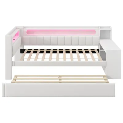 Produktbild von okwish Tagesbetten 90×200 mit USB und LED-Gürtel,Kinderbett mit Ausziehbett und Schreibtisch,Einzelbett in Weiß,ohne Matratze