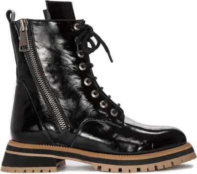 A black patent leather boot with laces and a side zipper.